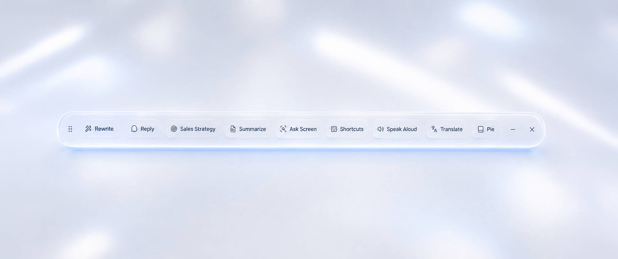 The Levera action bar: Rewrite, Reply, Sales Strategy, Summarize, Ask Screen, Shortcuts, Speak Aloud, Translate